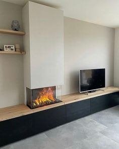haardmeubel tv meubel met elektrische haard, Eikenhout, Nieuw, 200 cm of meer, 25 tot 50 cm