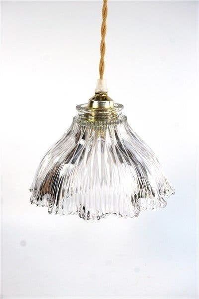 Vintage helder glas holophane lampenkap, Huis en Inrichting, Hanglamp, Ophalen of Verzenden, Zo goed als nieuw, Glas