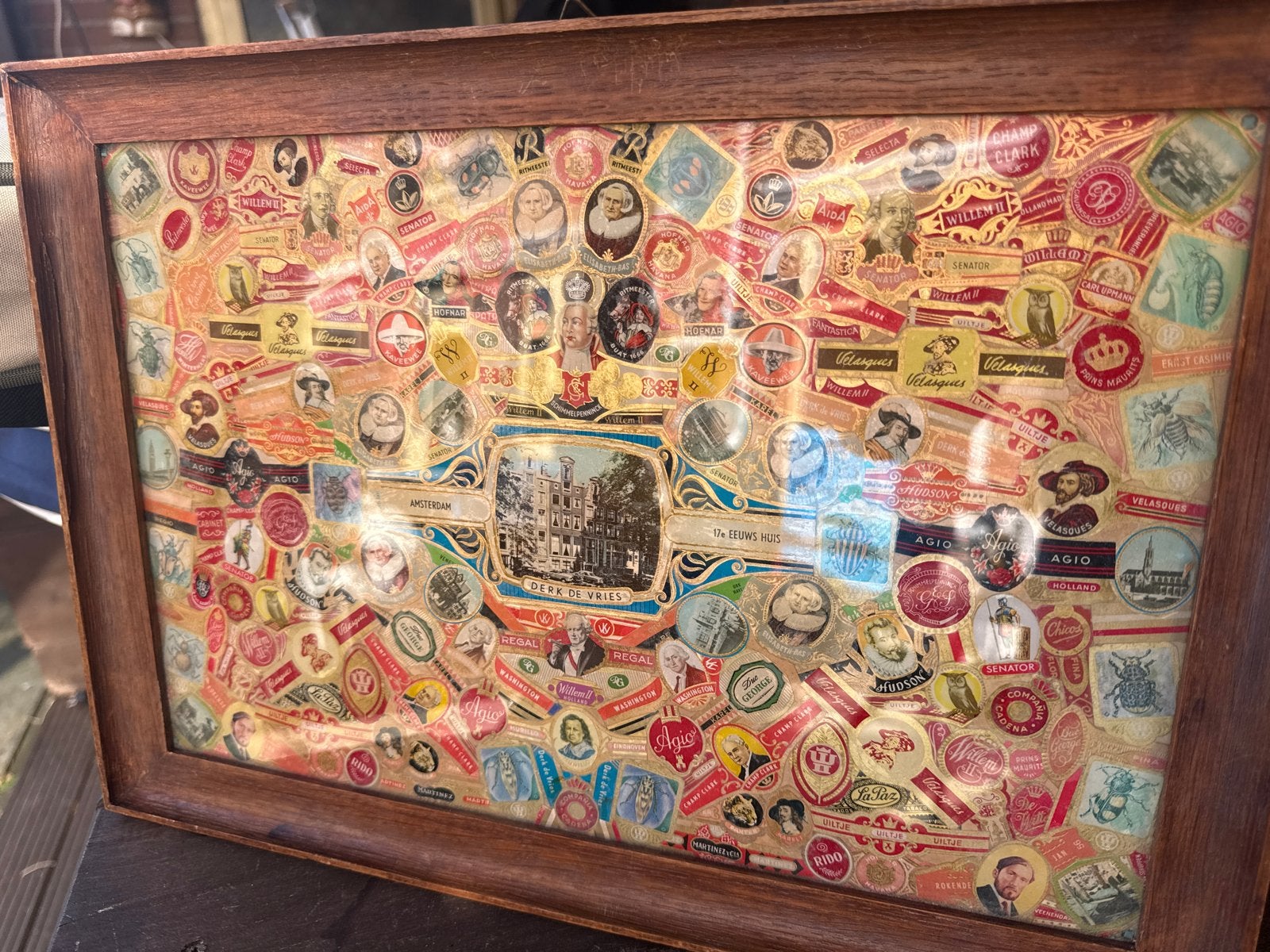 Vintage sigarenbandjes kunstwerk in lijst, Verzamelen, Ophalen of Verzenden, Gebruikt
