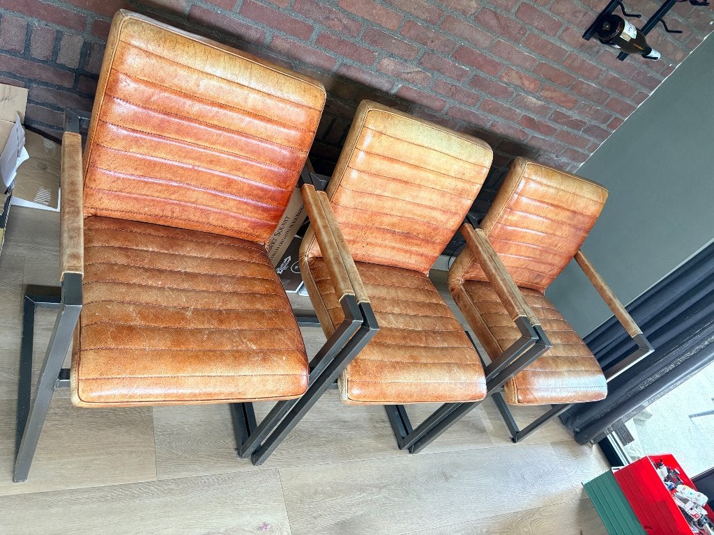 6x Eetkamerstoel industrieel, Ophalen, Gebruikt, Bruin, Leer