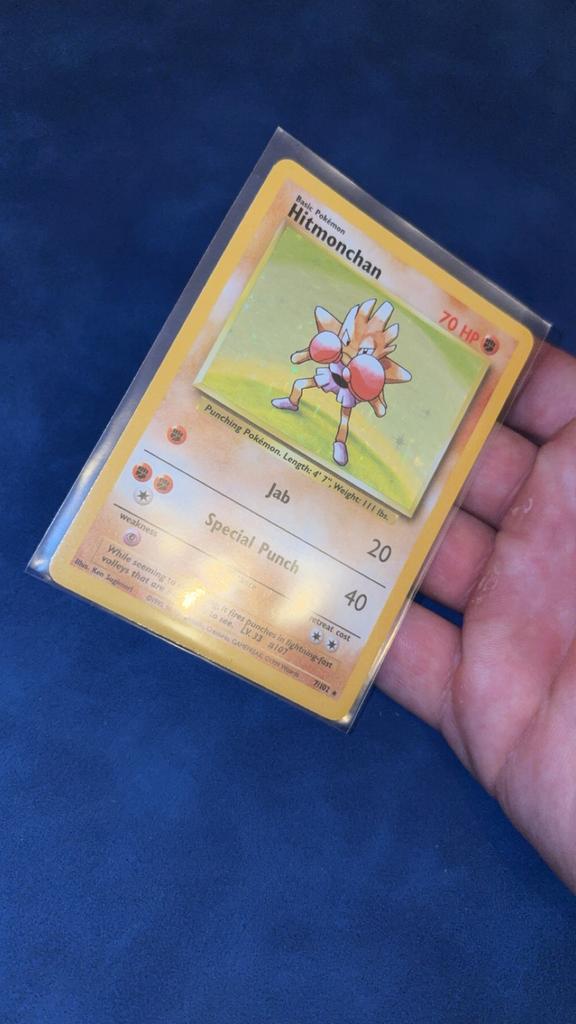 Hitmonchan holo base 7/102 pokemon kaart 1995 vintage p, Ophalen of Verzenden, Zo goed als nieuw