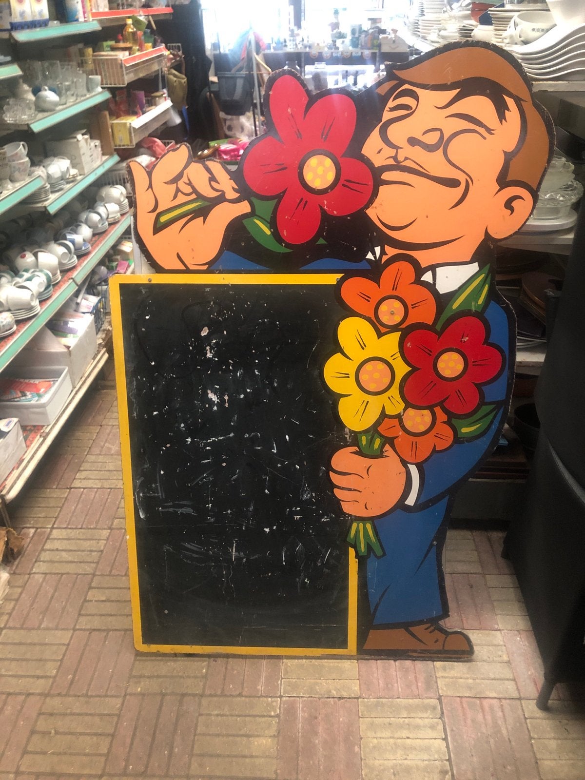 Vintage krijtbord reclamebord met bloemenman, Ophalen of Verzenden