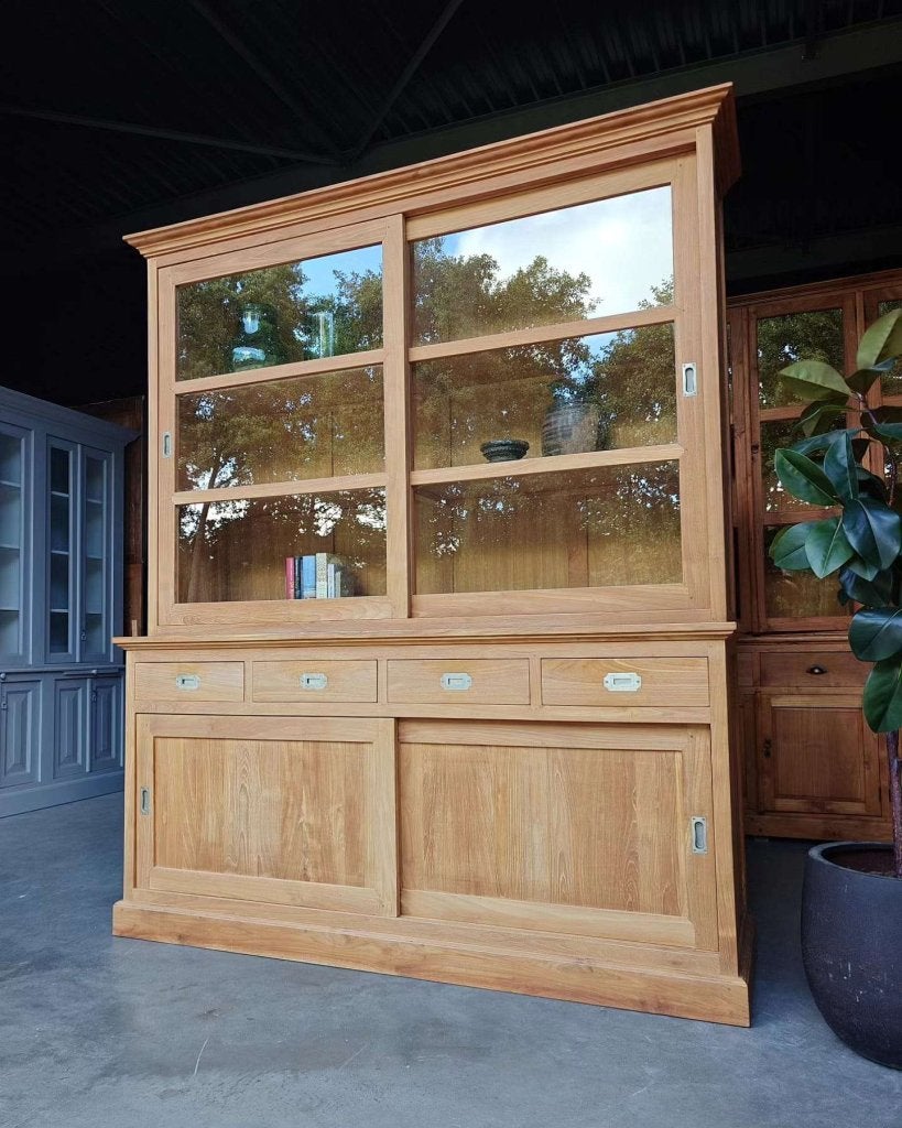 Nette teakhouten vitrinekast | Servieskast, buffetkast #7136, Gebruikt, -, 200 cm of meer, -