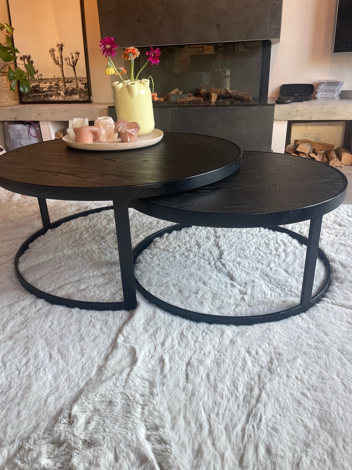 Set van 2 zwarte salontafels, rond, modern design, Huis en Inrichting, Ophalen, Gebruikt, Rond, 50 tot 100 cm