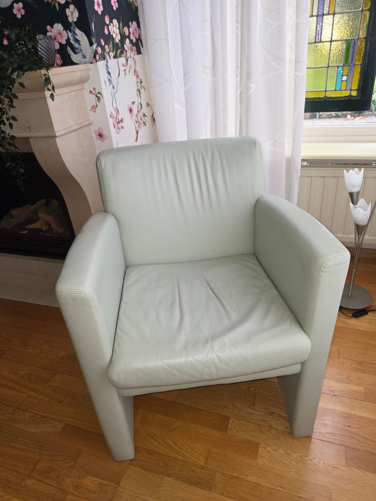 Leren fauteuil - Lichtgroen/grijs, Ophalen, Gebruikt, Overige kleuren, Tijdloos, Modern