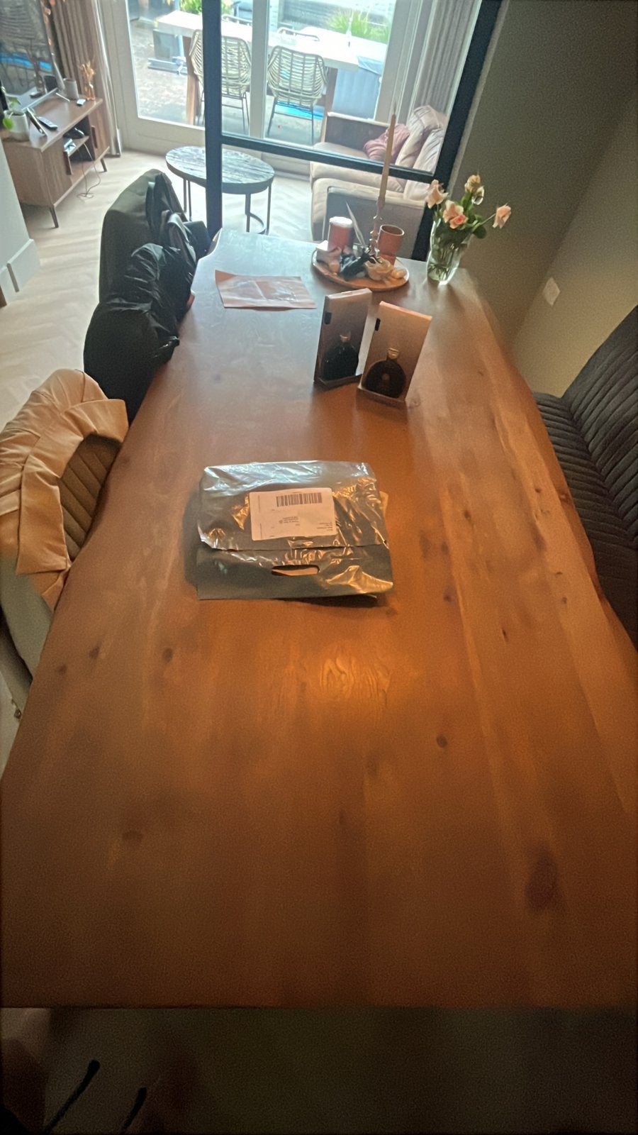 Eiken boomstam tafel met x poten, Ophalen, Eikenhout, 200 cm of meer, 50 tot 100 cm