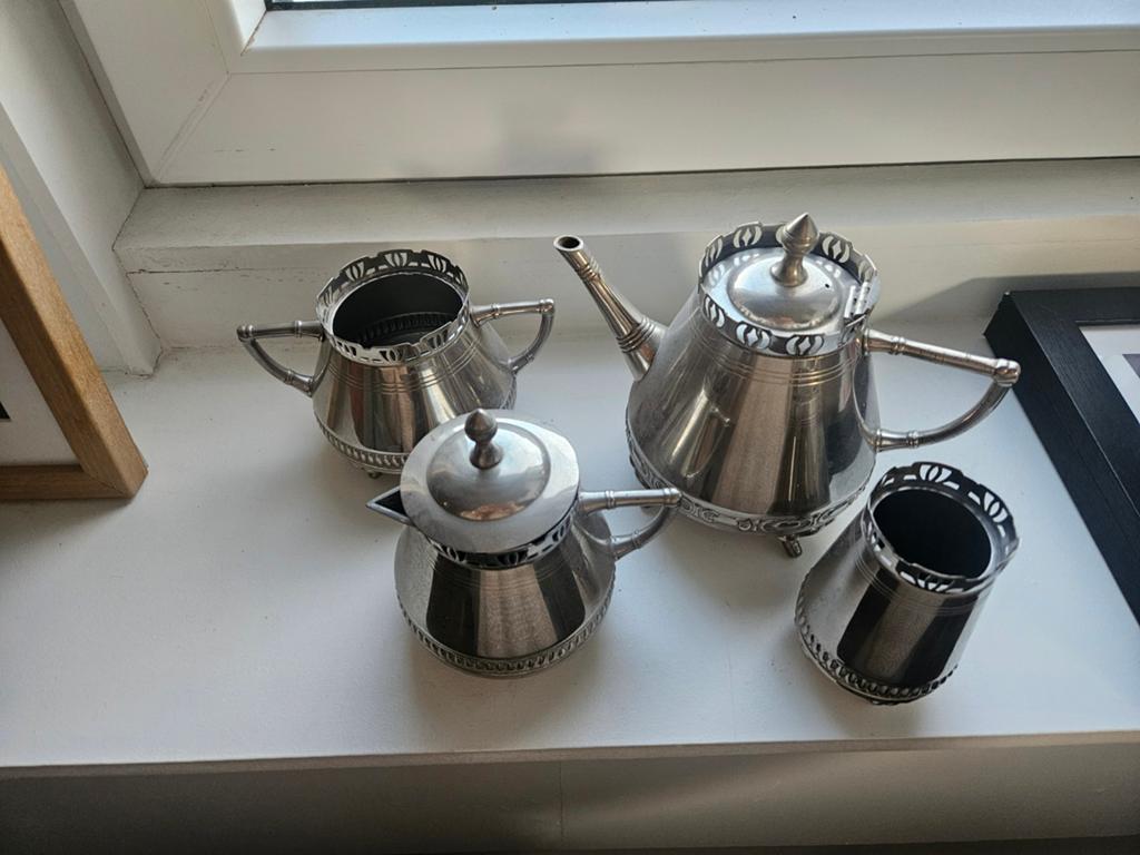 Antiek Tinnen Theeservies - 4-delige Set, Antiek en Kunst, Ophalen of Verzenden