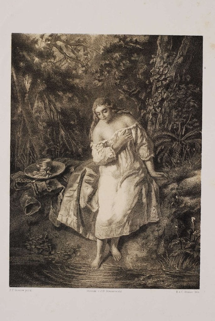 Vrouw bij een beek - Hendrik Adriaan Christiaan Dekker, Antiek en Kunst, Kunst | Litho's en Zeefdrukken, Origineel, Verzenden