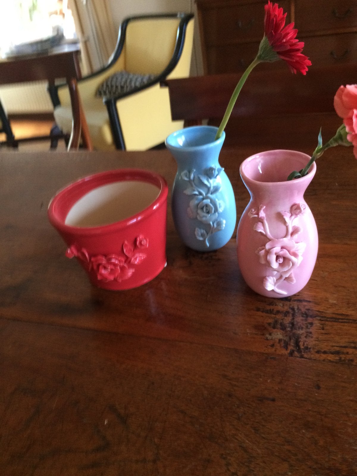 Rood bloempotje met decoratief roosje, Ophalen, Gebruikt