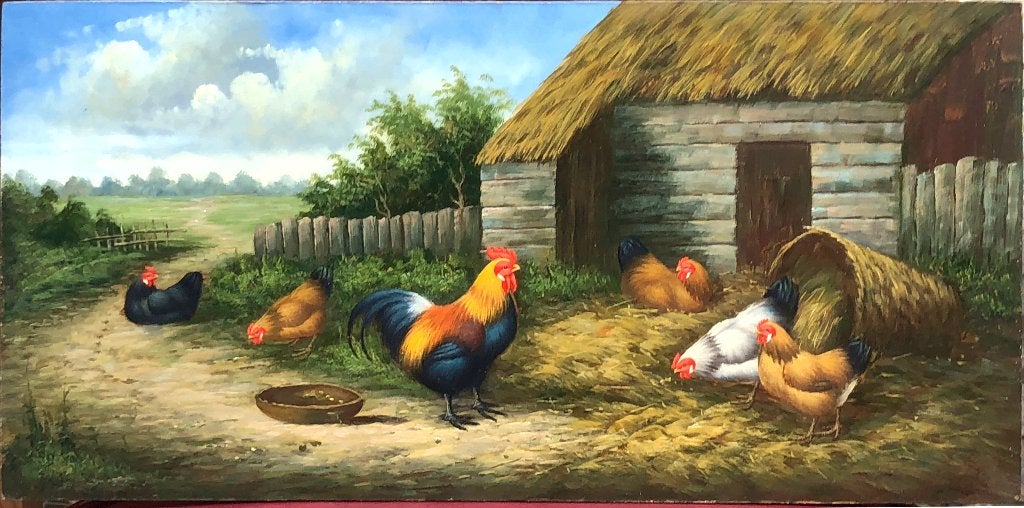 Schilderij (olieverf) op houten paneel 'Kippen bij schuur', Ophalen of Verzenden