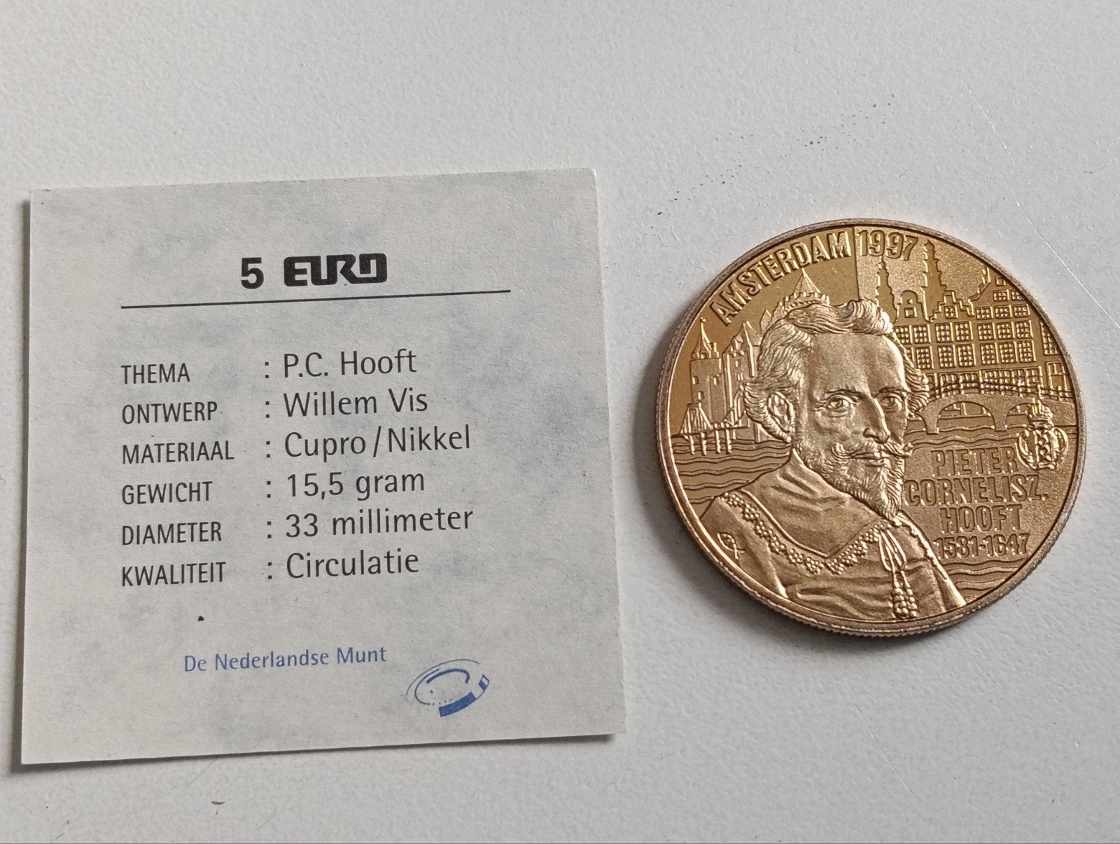 Nederlandse 5 Euro P.C. Hooft herdenkingsmunt 1997, Postzegels en Munten, Ophalen of Verzenden, Koningin Beatrix, Euro's, Losse munt