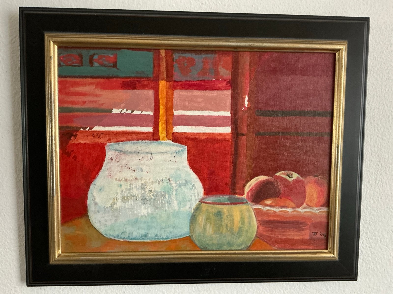 Stilleven met vazen en fruit, gesigneerd en ingelijst, Antiek en Kunst, Stilleven, Ophalen of Verzenden, Gesigneerd, Olieverf
