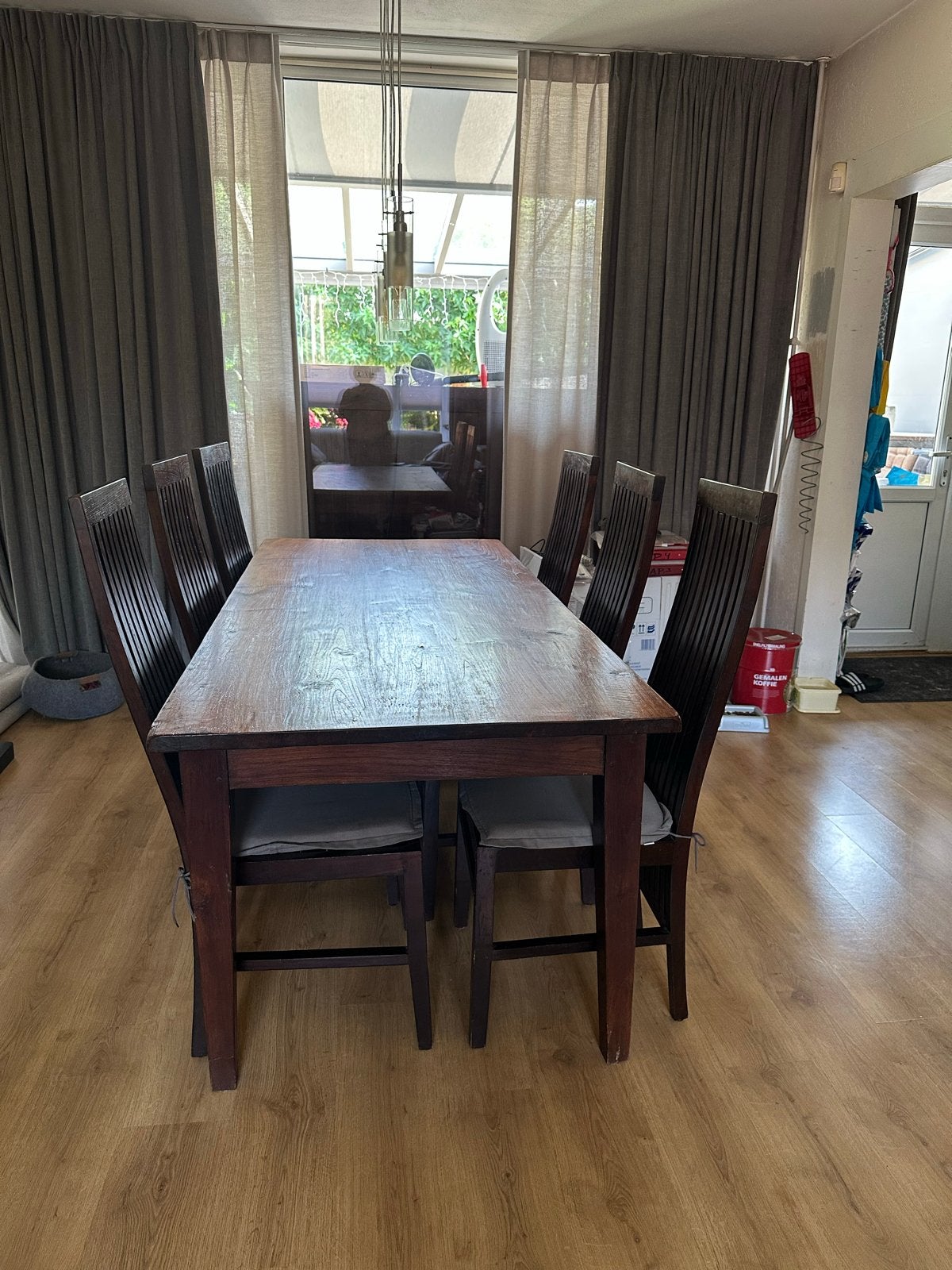 Koloniale teak houten eettafel met 6 stoelen, Huis en Inrichting, Ophalen, Gebruikt, 200 cm of meer, 50 tot 100 cm