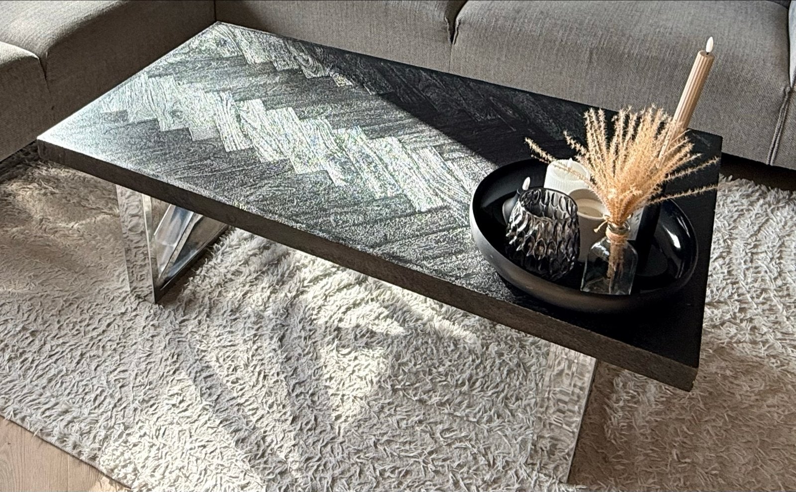 Salontafel visgraat zwart met chromen poten, Ophalen, Gebruikt, 100 tot 150 cm, 50 tot 100 cm