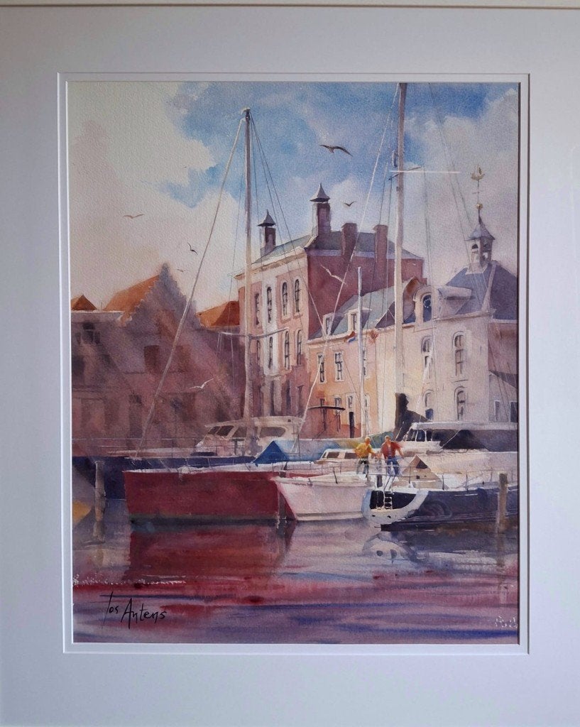 Aquarel ’Haven van Goes’ (Bierkade), Antiek en Kunst, Kunst | Schilderijen | Klassiek, Achter glas, Bijzondere lijst, Gesigneerd
