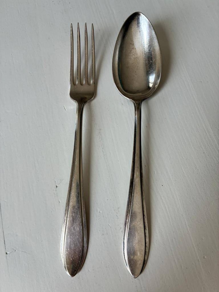 Vork Lepel verzilverd Gero 90 jaarletter S vintage puntfilet, Ophalen of Verzenden, Zilver
