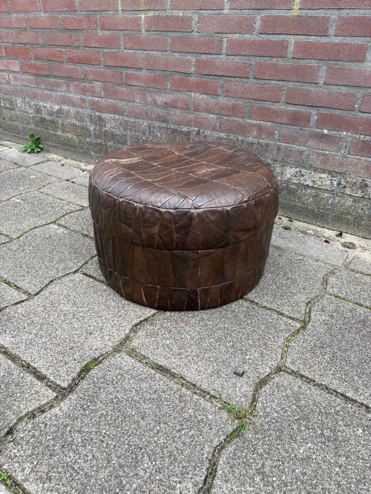 Patchwork lederen poef, Ophalen, Rond, Minder dan 50 cm, Zo goed als nieuw