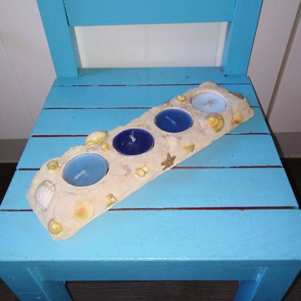 Waxinelicht houder strand met schelpen voor 4 theelichtjes, Ophalen, Gebruikt, Steen/keramiek, Waxinelichthouder