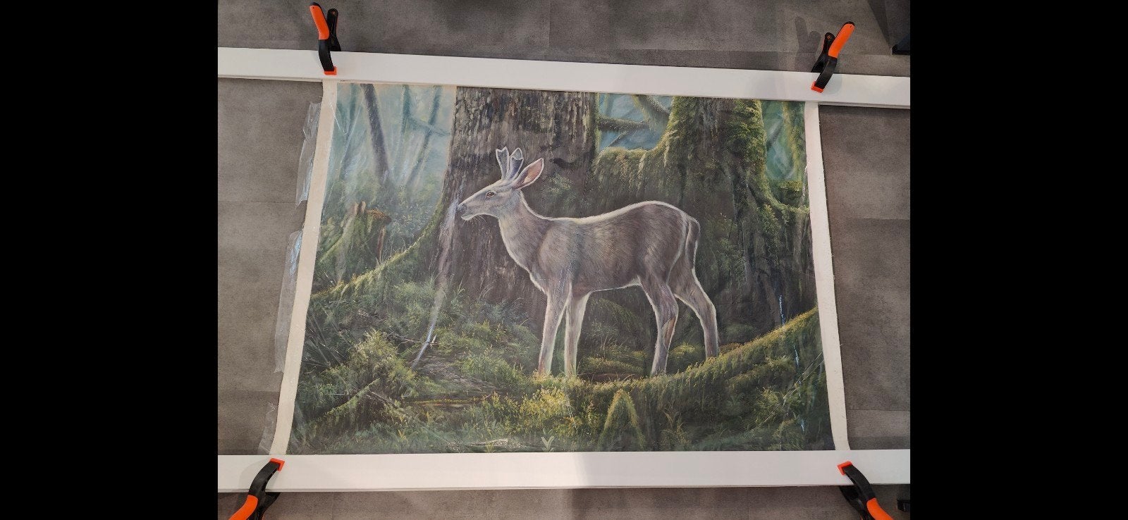 Schilderij op doek: Hert in bos, 130x100cm, Ophalen of Verzenden, Textiel, Op houten frame, Dieren