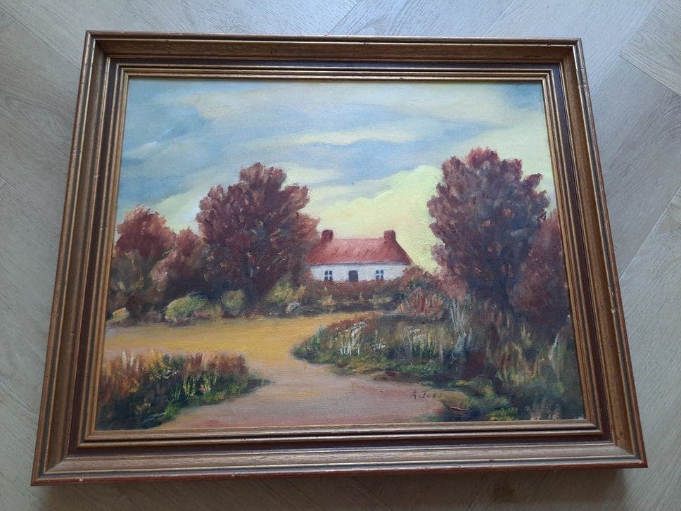 Oud schilderij van A. Joes - Landschap met huis, Ophalen