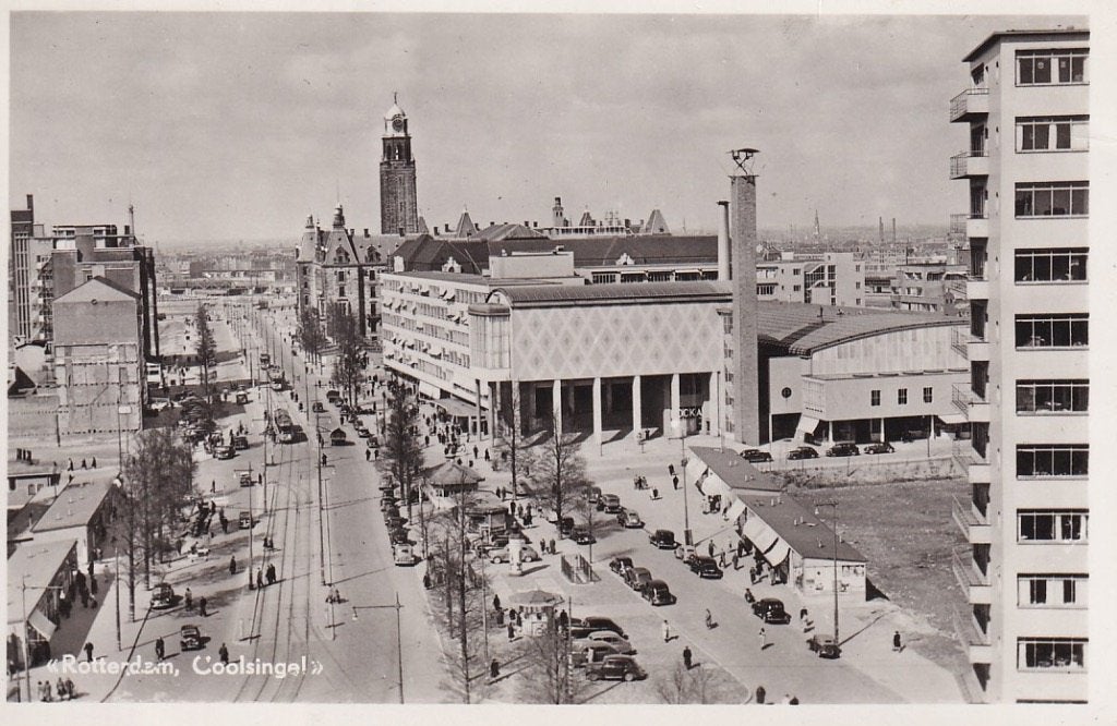 747V Rotterdam Coolsingel panorama af Bijenkorf noodwinkels, Ophalen of Verzenden, 1940 tot 1960, Gelopen, Zuid-Holland