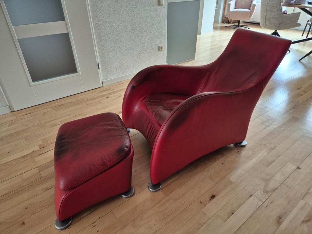 Montis Loge fauteuil met voetenbank - roodbruin leer, Gebruikt, Ophalen of Verzenden, 75 tot 100 cm, Leer