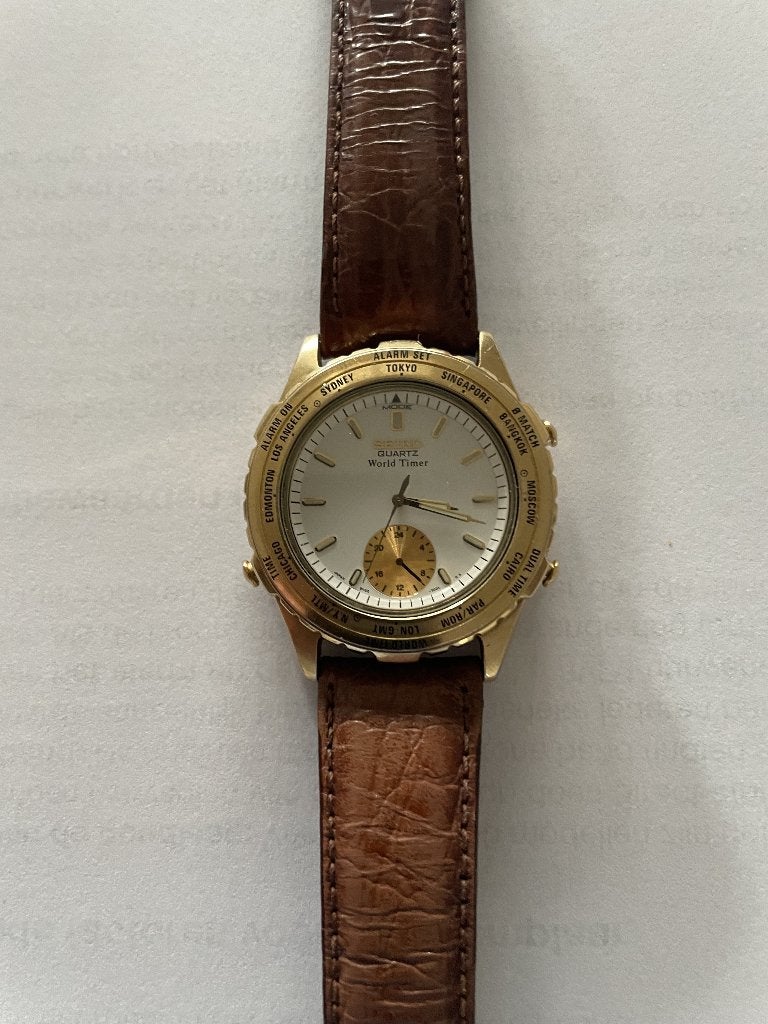 SEIKO Quartz World Timer, Seiko, Leer, Polshorloge, Ophalen of Verzenden