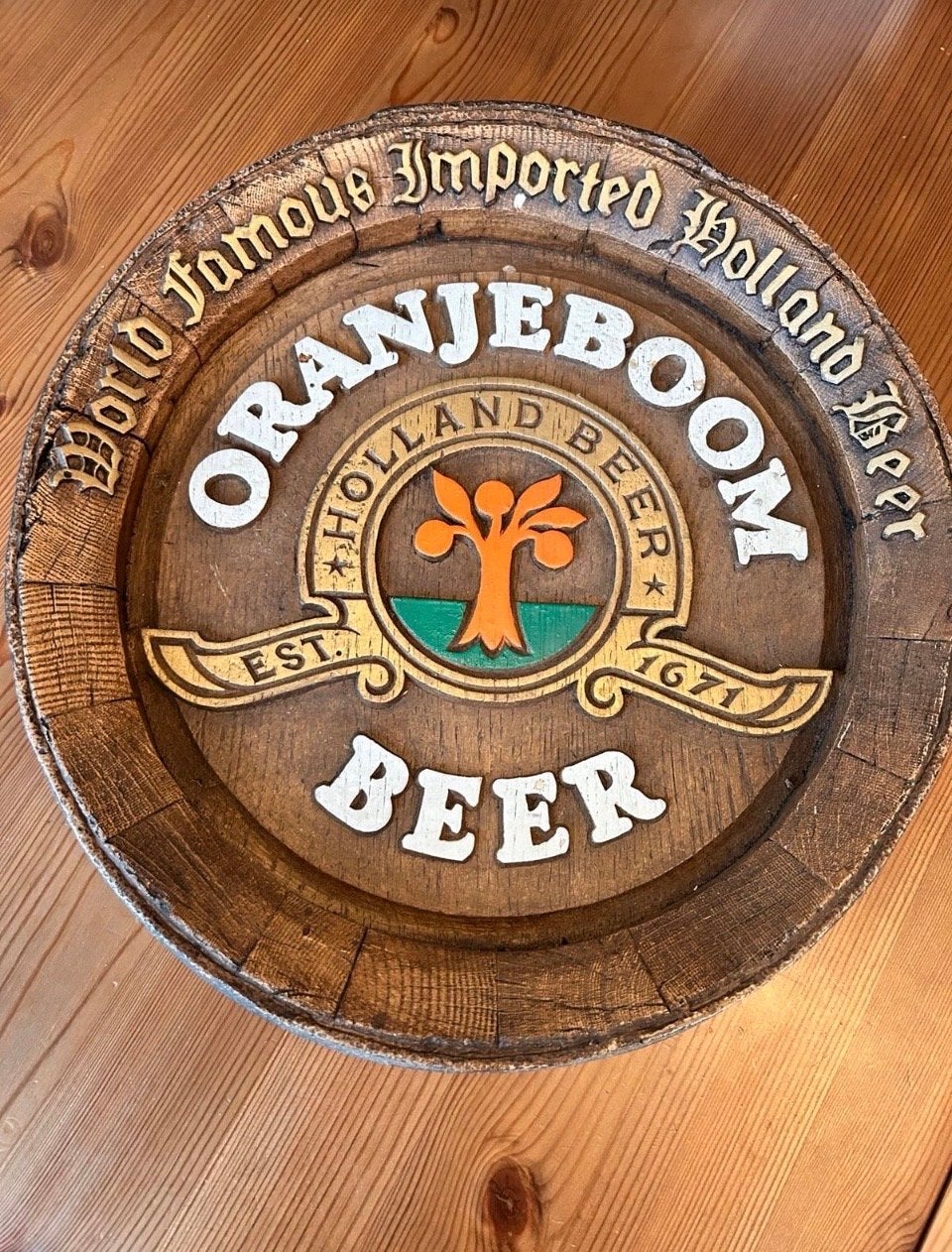 Oranjeboom biervatschild - World Famous Imported Holland Bee, Verzamelen, Biermerken, Ophalen of Verzenden, Zo goed als nieuw