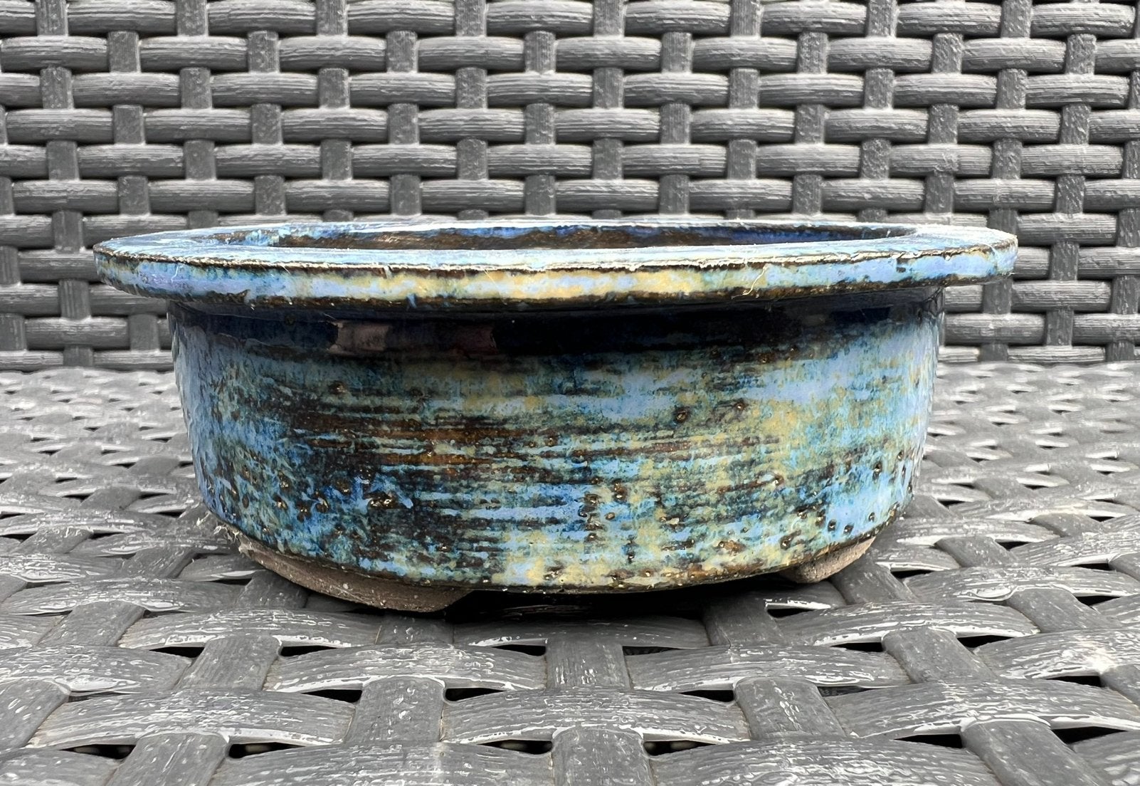 Bonsai pot handgemaakt Sahici blauw tinten lila 12,2x3,9, Ophalen of Verzenden, Nieuw, Rond, Aardewerk