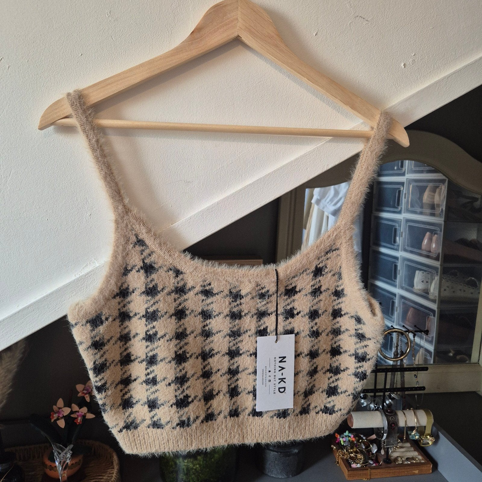 NA-KD Checked Cropped Knitted Top - Nieuw met kaartje (XL), Kleding | Dames, NA-KD, Beige, Maat 46/48 (XL) of groter, Nieuw