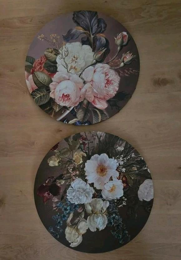 Set van 2 ronde wandcirkels met bloemenprint, Gebruikt, Hout, Meerkleurig, Ophalen of Verzenden