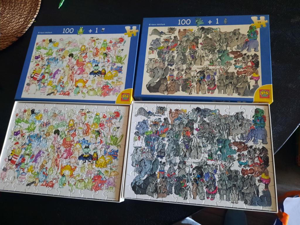 2 puzzels van KEVIN WHITLARK van kikkers en olifanten 99st., Ophalen of Verzenden, Minder dan 500 stukjes