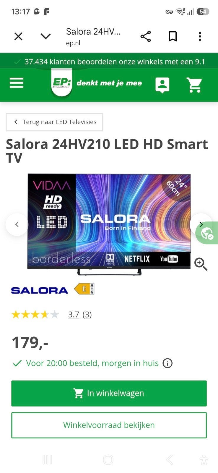 Salora 24HV210 HD Ready Smart TV - 24 inch (60 cm), Overige merken, LED, 50 Hz, HD Ready (720p)