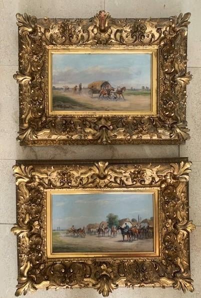 2x Huifkar en Ruiters - Anton Rudolf Derfla (Wenen 1849 - ?), Antiek en Kunst, Kunst | Schilderijen | Klassiek, Ophalen of Verzenden