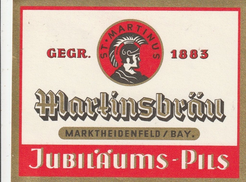 oud bieretiket Duitsland Martinsbräu : Jubiläums-Pils (a), Verzamelen, Verzenden, Zo goed als nieuw, Overige typen, Overige merken