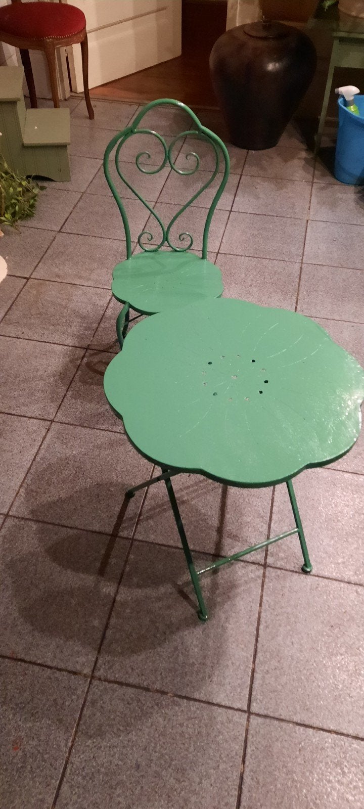 Groene bistro set, tuinset, inklapbaar kindersetje, Ophalen of Verzenden, Overige materialen, Stoel, 2 zitplaatsen