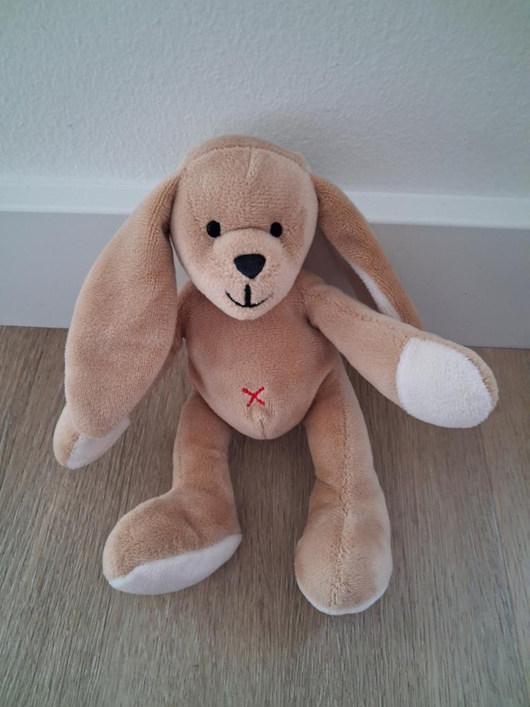 Knuffel Hema konijn rood kruis buik bruin lichtbruin L750, Ophalen of Verzenden, Zo goed als nieuw, Konijn
