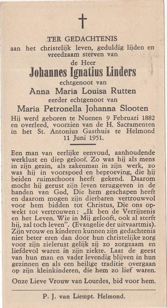 Johannes Ign. Linders 1882 Nuenen + 1951 Helmond, 69 jaar, Ophalen of Verzenden