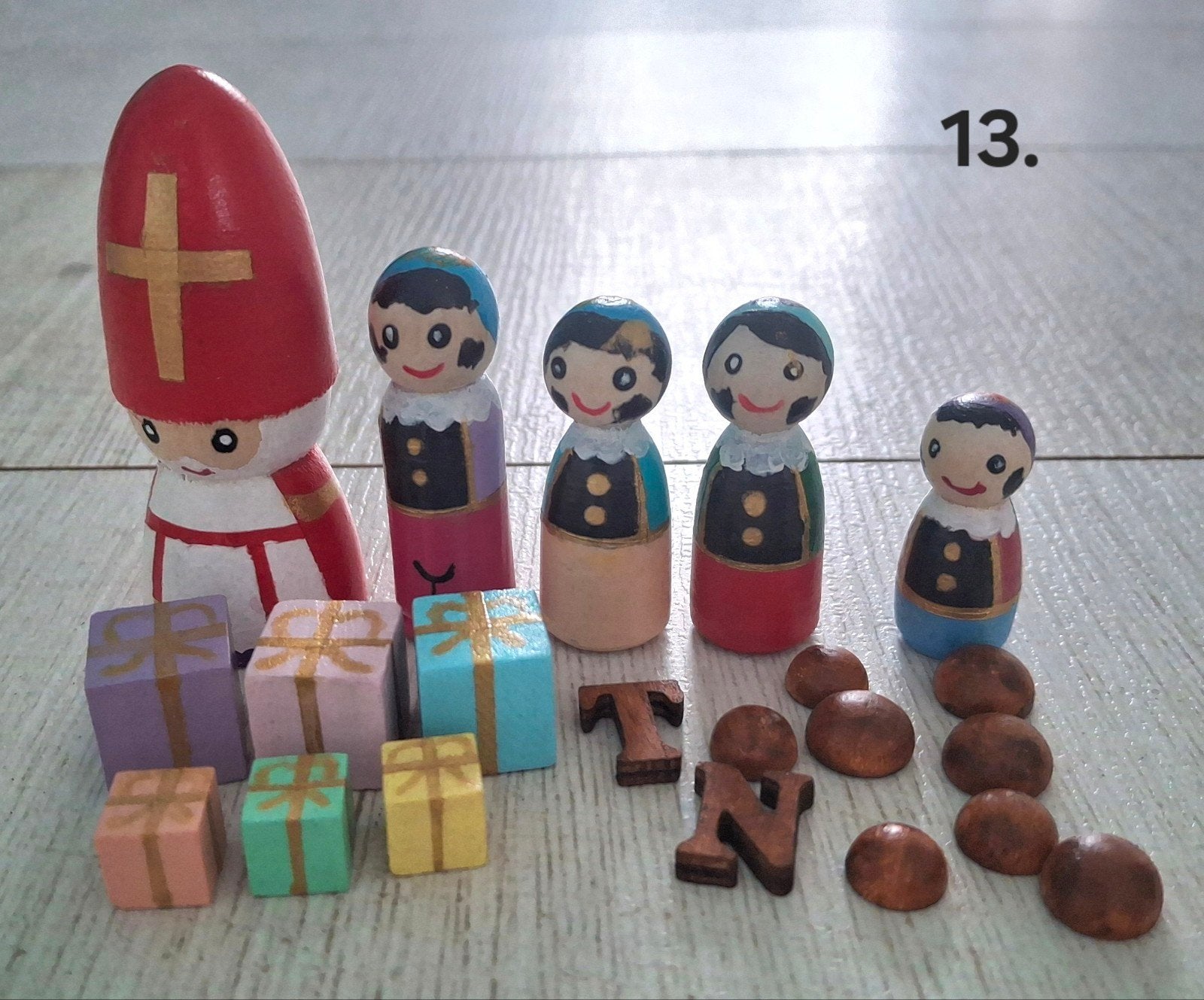 Houten pegdolls Sint met pietjes en accessoires 13, Ophalen of Verzenden, Nieuw