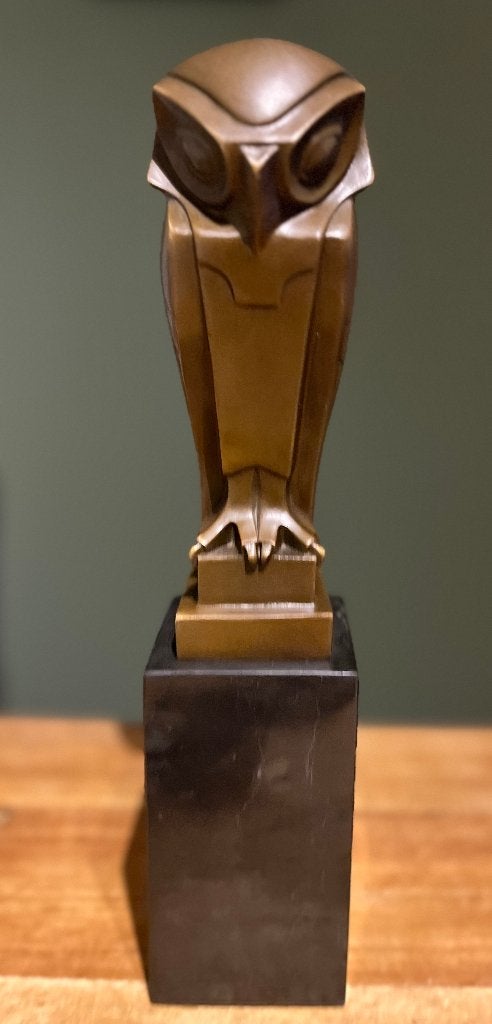Bronzen art deco stijl uil op een marmeren voet., Ophalen, Art deco, 20 - 50 cm, Beeld