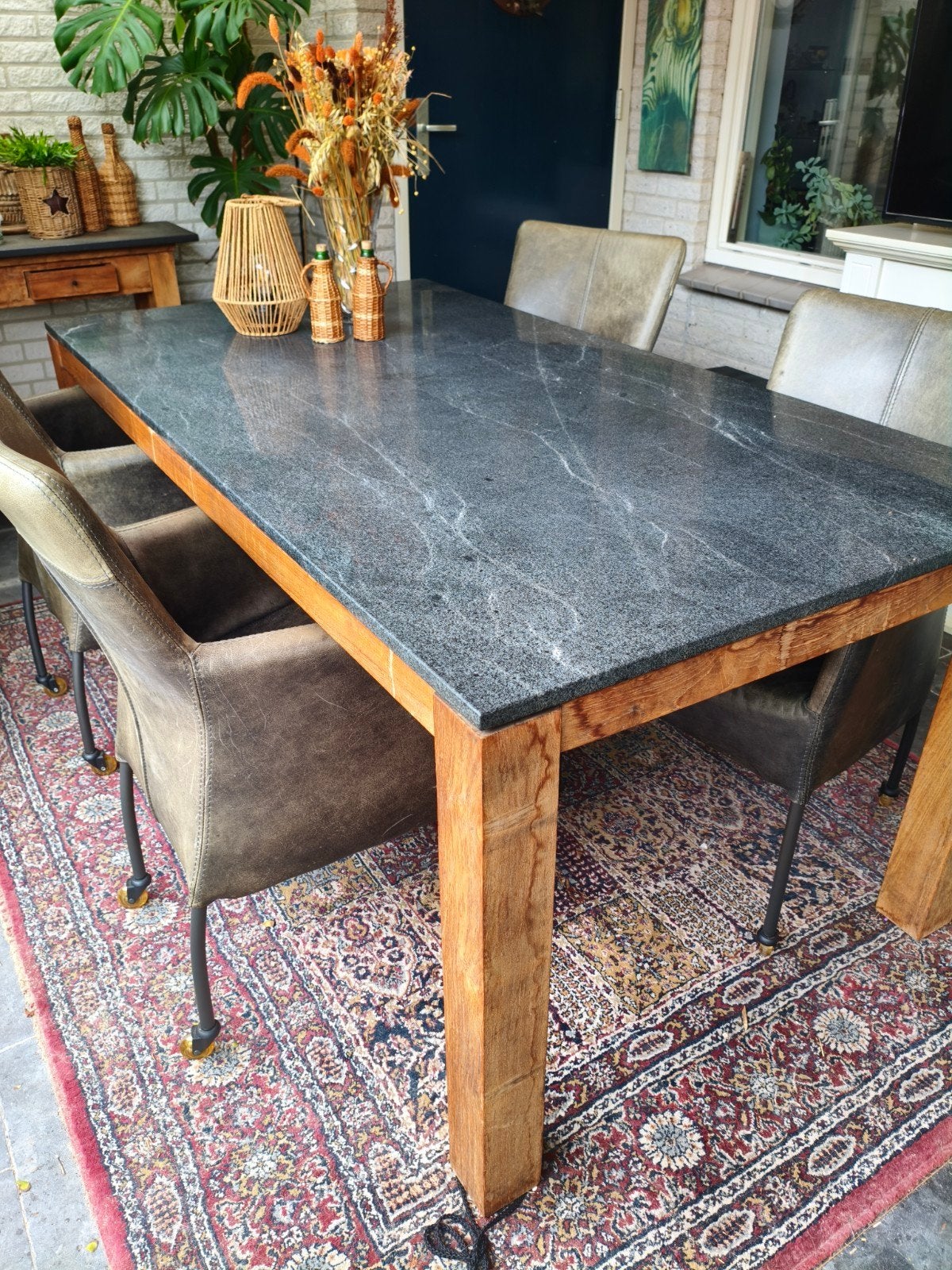 tuintafel zwart marmer blad, Huis en Inrichting, Tafels | Eettafels, Ophalen, Gebruikt, Teakhout, 50 tot 100 cm