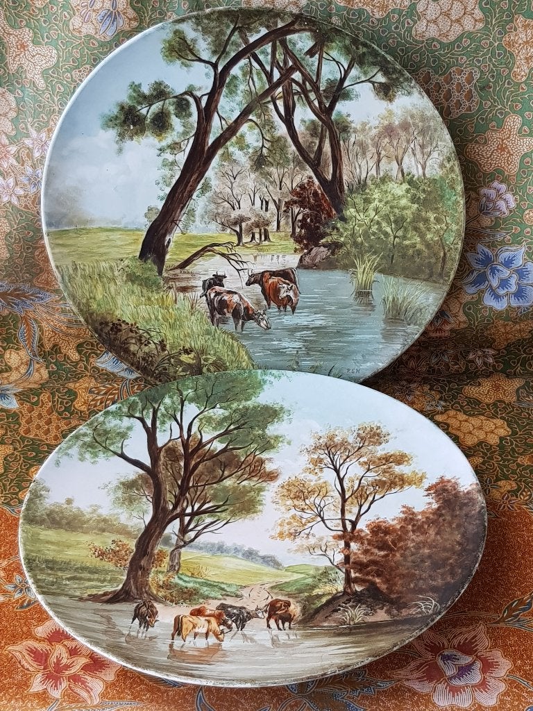 Twee zeldzame antieke schilderij wandborden van Moore & Co., Ophalen, Overige ondergronden, Olieverf, Klassiek