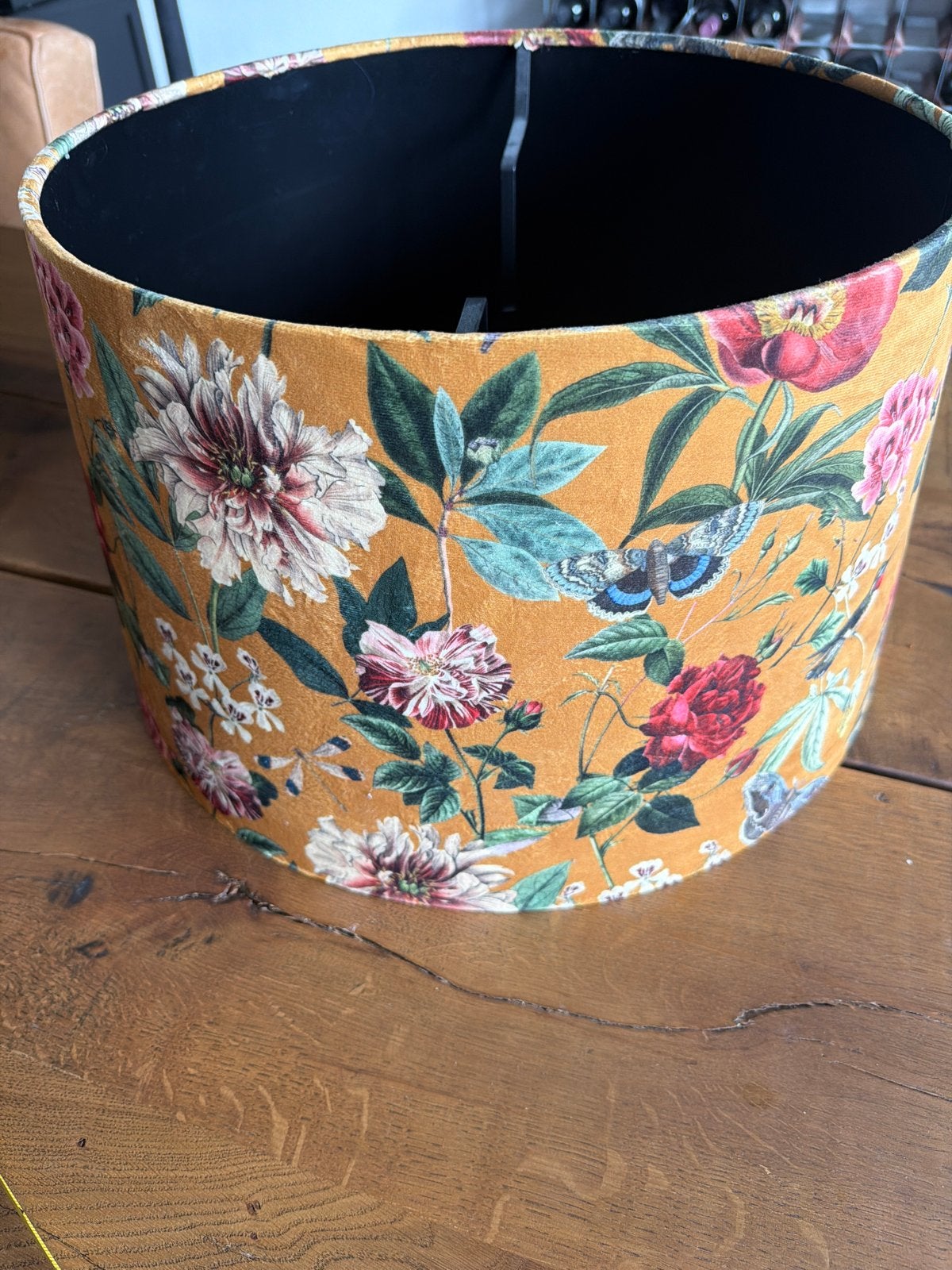Bloemenprint lampenkap - Okergeel met kleurrijke bloemen, Rond, Ophalen of Verzenden, Zo goed als nieuw, Textiel