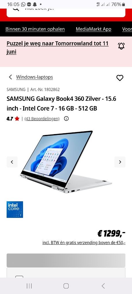 Samsung galaxy book 4 360 zilver, Computers en Software, Windows Laptops, Ophalen, Nieuw, 15 inch, 4 Ghz of meer