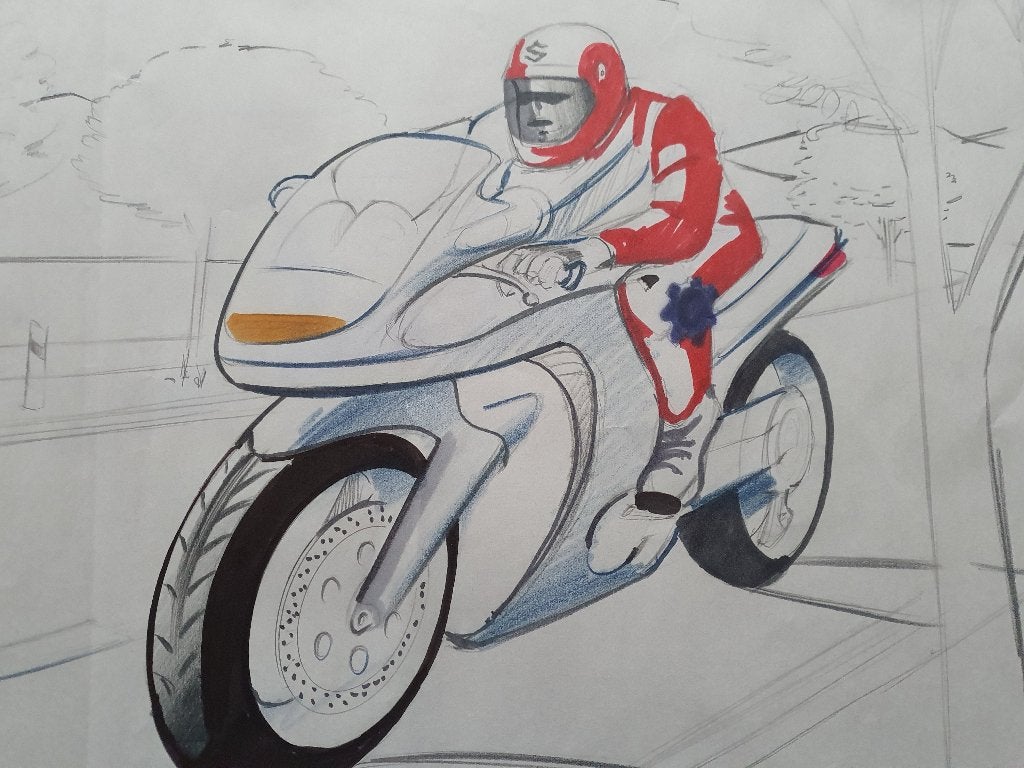 Vintage Suzuki Motorfiets Tekening - Uniek Kunstwerk, Deurposter of groter, Rechthoekig Liggend, Ophalen of Verzenden, Zo goed als nieuw
