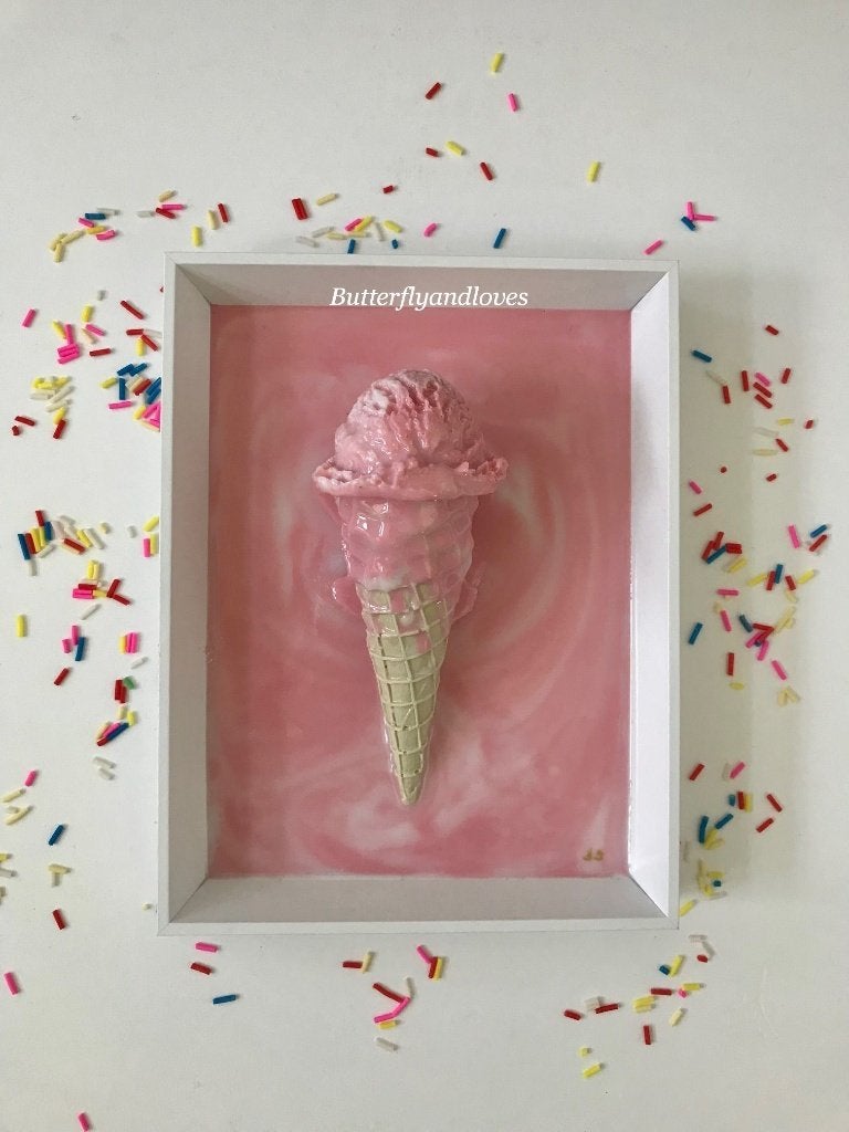 Kunst met een knipoog - zomerse ijshoorn roze wit Epoxy, Antiek en Kunst, Kunst | Schilderijen | Modern, Ophalen, Overig onderwerp