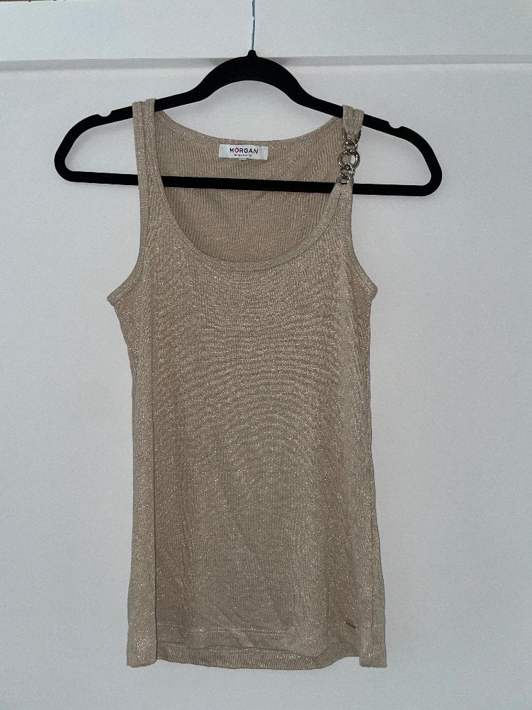 Morgan beige glitter lurex tanktop met ketting mt S, Beige, Zo goed als nieuw, Morgan, Ophalen of Verzenden