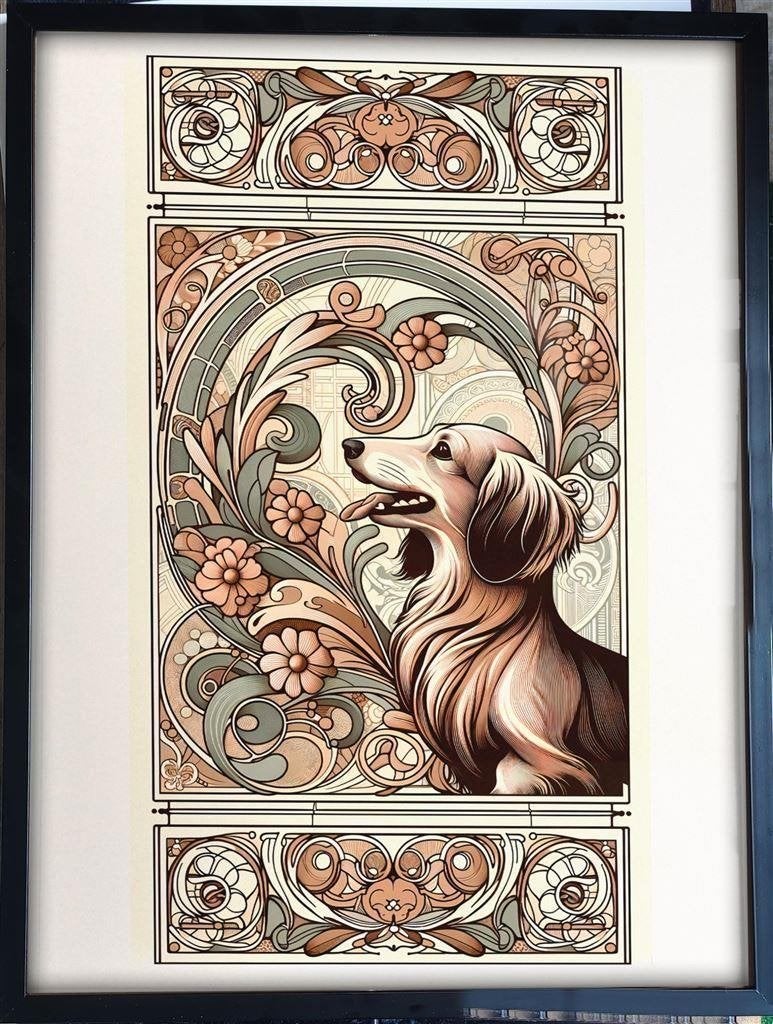 Kunst Poster in lijst Dachshund Teckel Stijl Alphonse Mucha, Verzenden, Nieuw, A1 t/m A3, Film en Tv