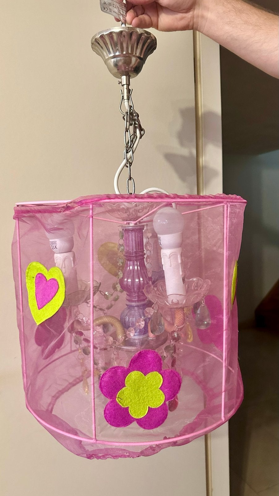 Roze kinderlamp met bloemen en hartjes, Ophalen, Gebruikt, Stof, Minder dan 50 cm