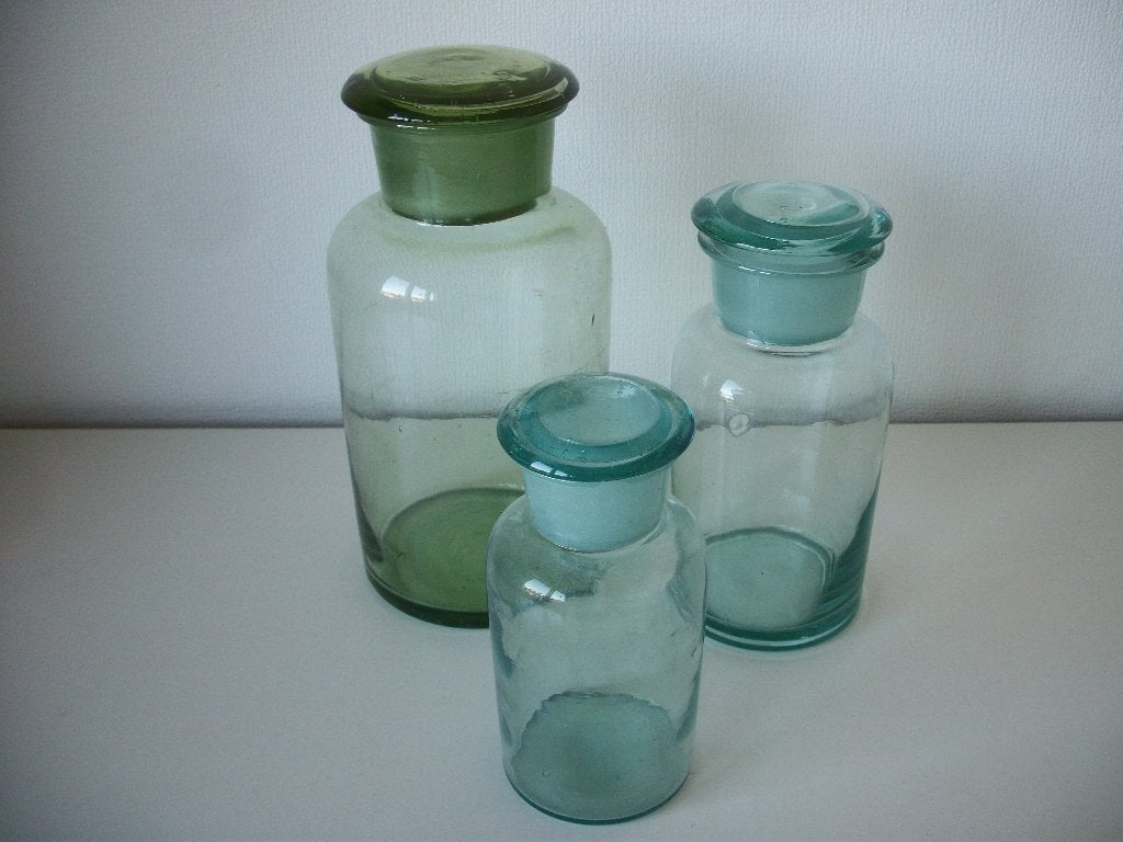 3 Apotheker fles Vintage - Groen Blauw - 15, 18, 22 cm hoog, Antiek en Kunst, Ophalen of Verzenden